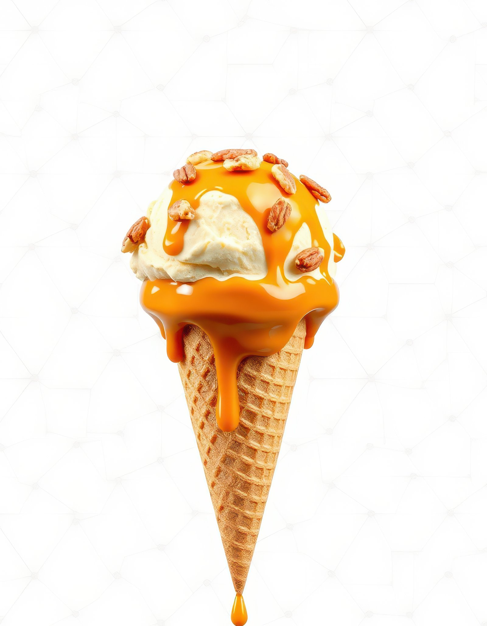 Delicious ice cream cone with caramel sauce and nuts during summer celebration